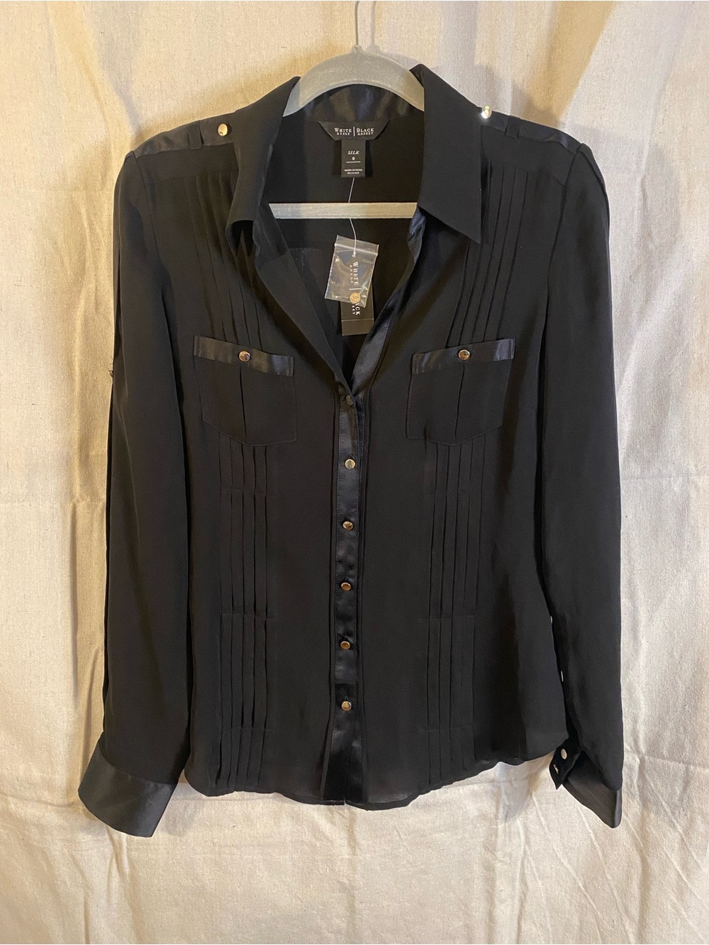 NWT White House Black Market Black Silk Blouse Size 8